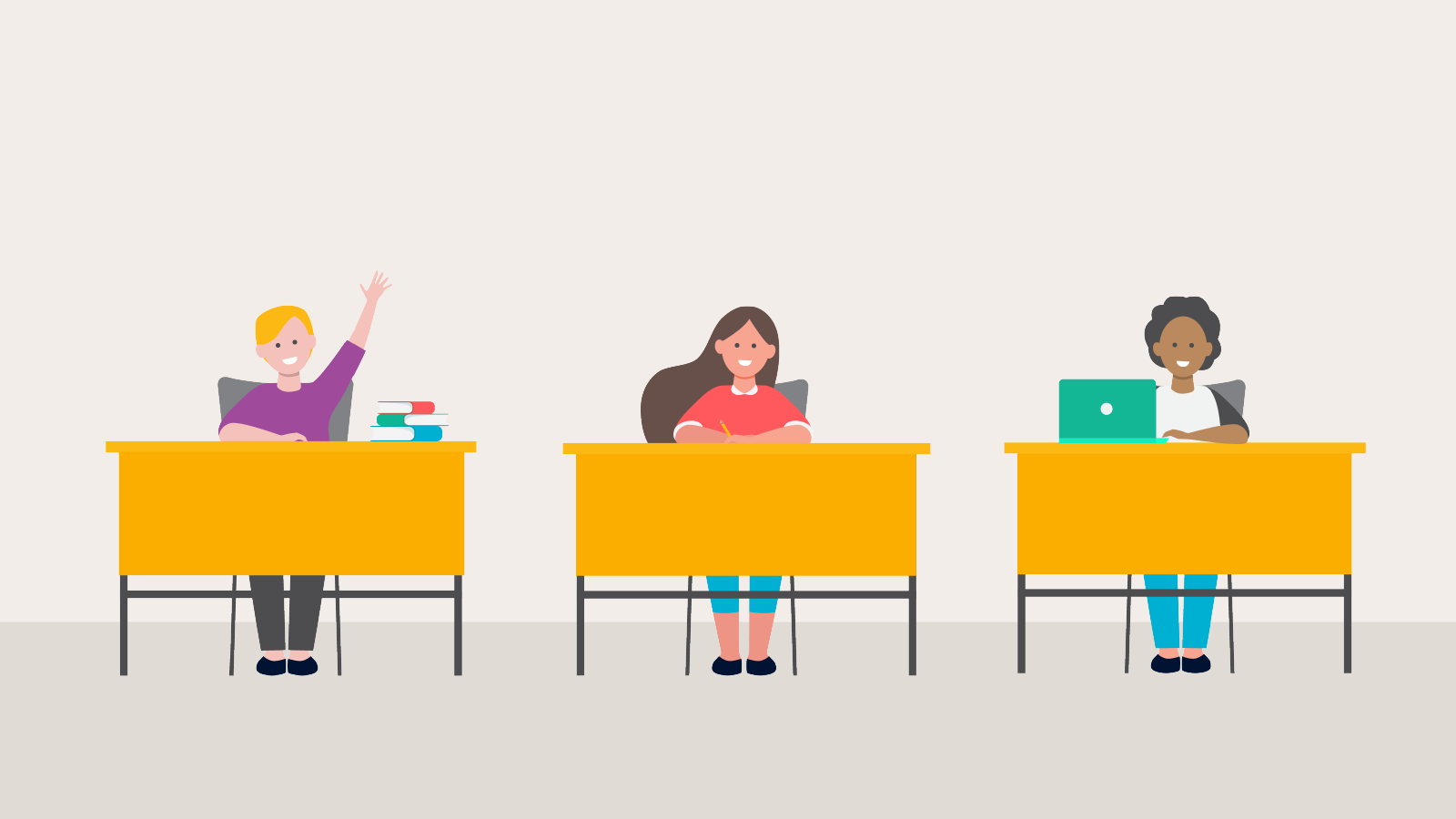 Three cartoon children sitting at desks facing forward. One on the left has books on the desk. One on the right has a laptop on the desk. I can academy